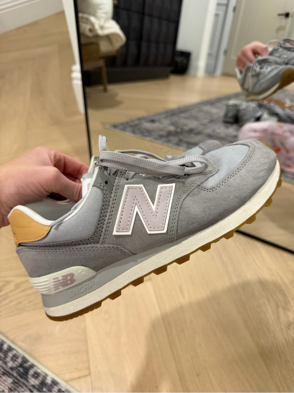 New Balance Women's Grey Suede Sneaker with Tan Heel